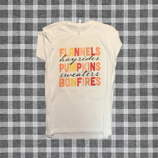 Womens FLANNELS HAYRIDES PUMPKINS SWEATERS BONFIRES T-Shirt